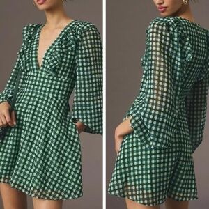 Anthropologie Hutch Deep-V Ruffled Romper in Emerald Green, Size small